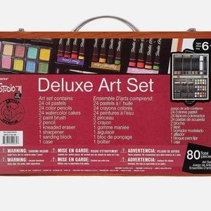 Deluxe art set 80 pieces multi media in wood case Darice"" Brand new"""